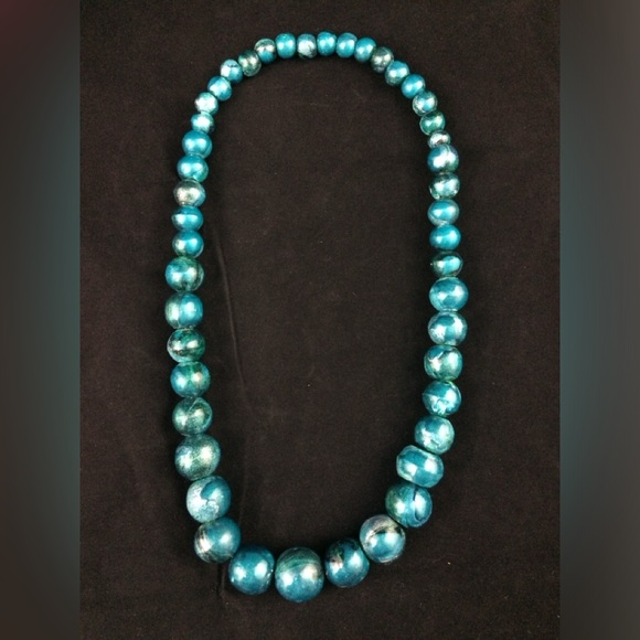 Vintage Painted Wooden Graduating Beaded Chunky Metallic Blue Costume Necklace - Picture 3 of 4